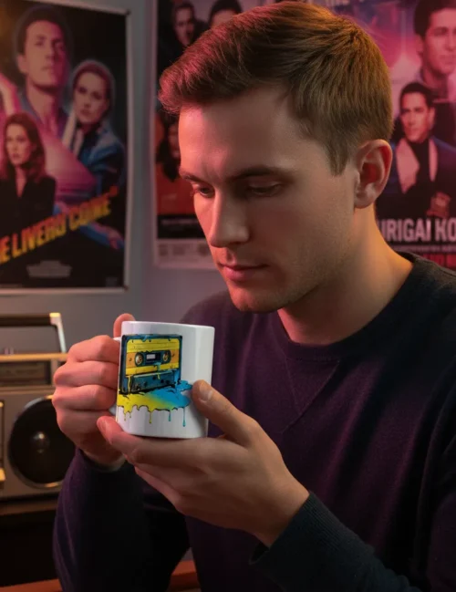 Detail of a hand picking up the pop art mug next to a pair of studio headphones and vinyl records