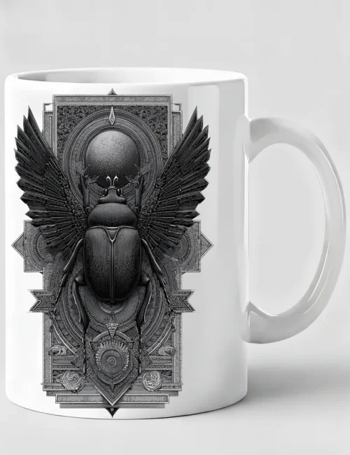 Seraphina Black Sacred Beetle No 04 Egyptian scarab etching art on white ceramic mug