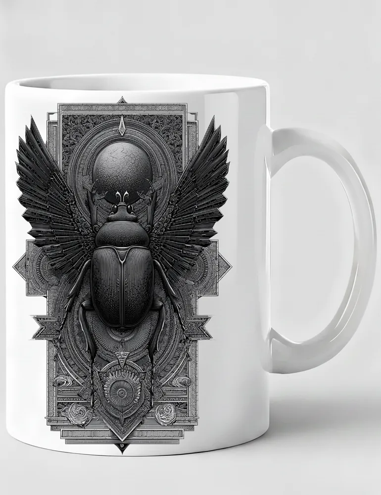 Seraphina Black Sacred Beetle No 04 Egyptian scarab etching art on white ceramic mug