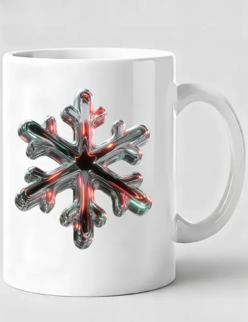 Ryu Tanaka Chrome Snowflake No 01 3D liquid chrome art print on white ceramic mug