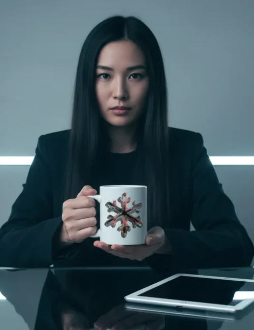 A person holding the Ryu Tanaka chrome snowflake mug in a neon-lit modern office setting