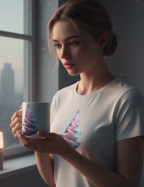 A person holding the Radiant Spiral art mug with both hands in a minimalist neon-lit apartment