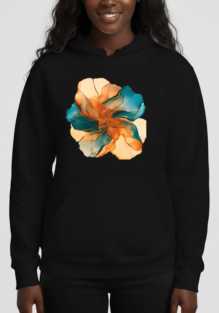 Elara Vane Solar Flare No 01 amber and teal alcohol ink art on white premium organic hoodie