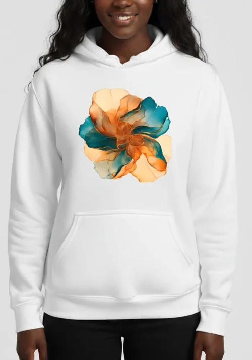 Elara Vane Solar Flare No 01 amber and teal alcohol ink art on white premium organic hoodie