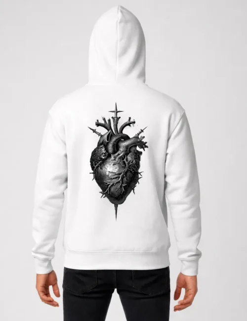 Person from behind wearing Seraphina Black sacred heart etching on black heavyweight hoodie