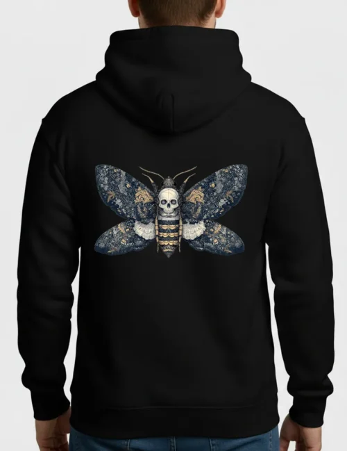 Close-up of the minimalist artist signature on the front chest of the hoodie