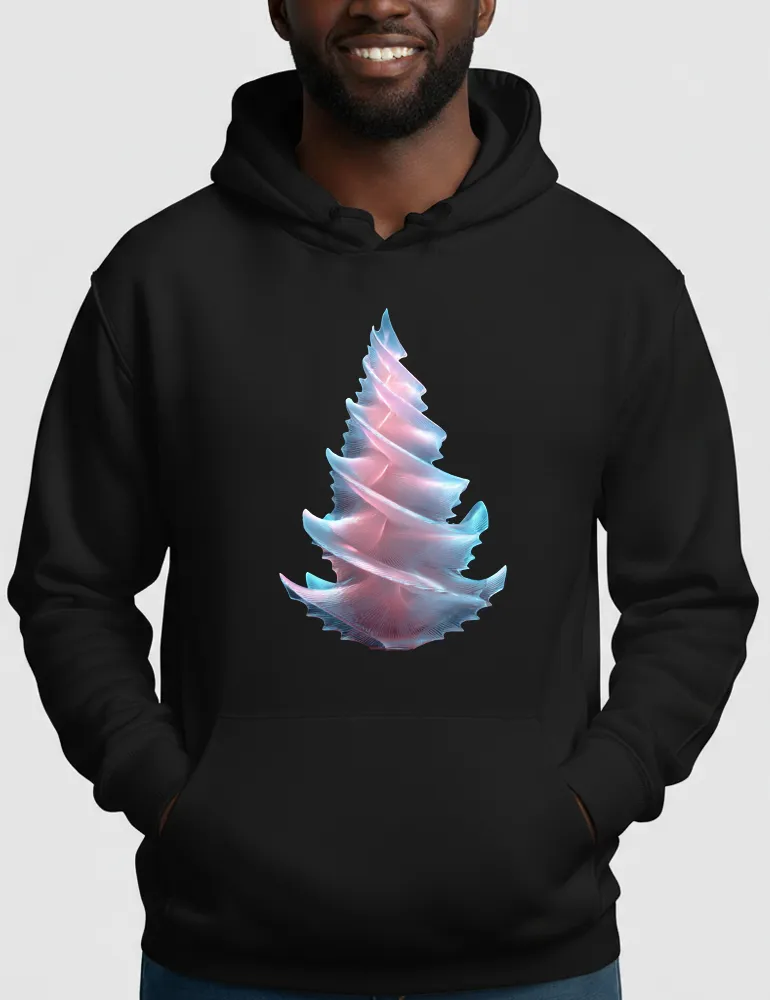 Ryu Tanaka Radiant Spiral No 02 glowing 3D tree art on black heavyweight hoodie